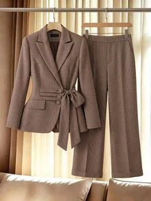 SHEIN Clasi Plus Size Houndstooth Tweed Suit Set, Summer/ Office Evening White Business Casual Elegant Chic Unique - Khaki - View 1