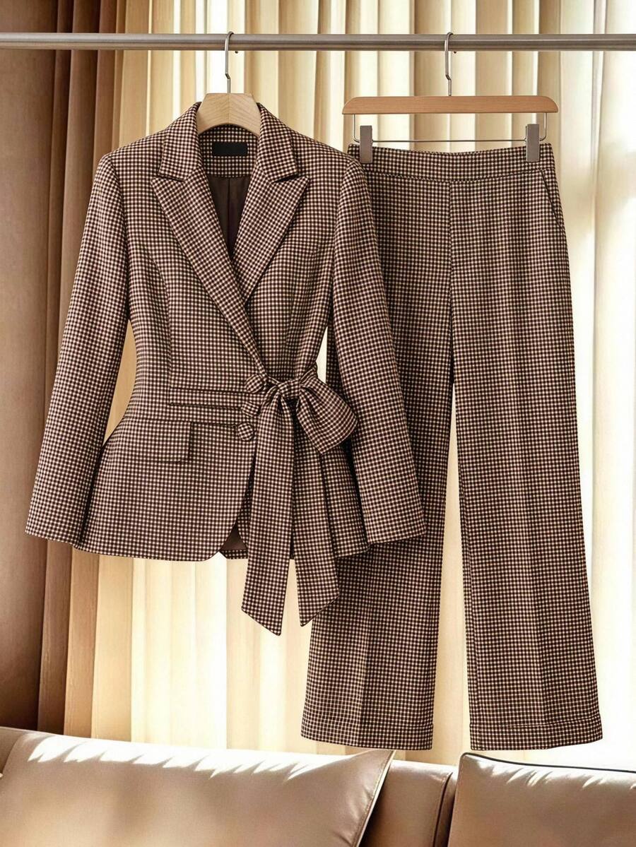 SHEIN Clasi Plus Size Houndstooth Tweed Suit Set, Summer/ Office Evening White Business Casual Elegant Chic Unique - Khaki - View 1