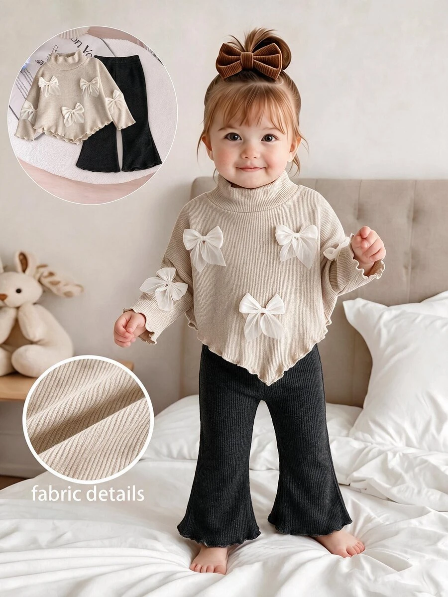 SHEIN 2pcs Toddler Girl Ribbed Top Flare Pants Sweet Elegant Beige 3D Mesh Bows Ruffle Long Sleeve Mock Neck Regular Birthday Fall Holiday Ballet Outfits - Black - View 1
