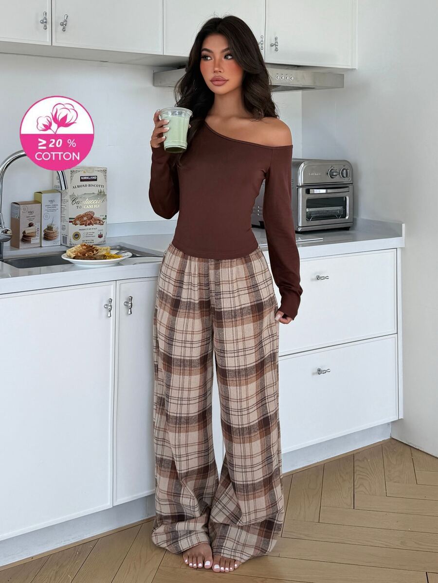 ZzzCrew 2pcs Women's Loungewear Set, Solid Color Asymmetric Neck Long Sleeve Top And Brown Plaid Long Pants - Multicolor - View 1