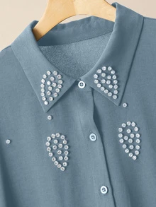 Lacomfia Women's Handmade Rhinestone Embellished Long Sleeve Shirt And Wide Leg Pants Set, Casual Comfortable Plus Size Fall - Dusty Blue - View 8