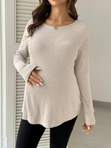 SHEIN Maternity Solid Color Nursing Function Casual Everyday Long Sleeve Top Fall - Apricot - View 5