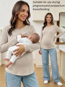 SHEIN Maternity Solid Color Nursing Function Casual Everyday Long Sleeve Top Fall - Apricot - View 1