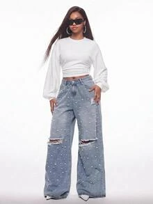 Vadaroq Women Fall/Winter Back To School Daily Wear Basic Solid Color Pleated Asymmetrical Neck Long Sleeve Pullover Sweatshirt Lantern Sleeve Top White Tops - White - View 5