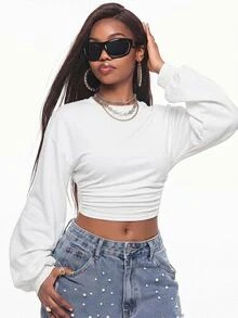 Vadaroq Women Fall/Winter Back To School Daily Wear Basic Solid Color Pleated Asymmetrical Neck Long Sleeve Pullover Sweatshirt Lantern Sleeve Top White Tops - White - View 4