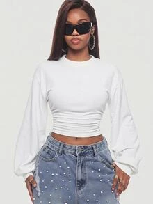 Vadaroq Women Fall/Winter Back To School Daily Wear Basic Solid Color Pleated Asymmetrical Neck Long Sleeve Pullover Sweatshirt Lantern Sleeve Top White Tops - White - View 1