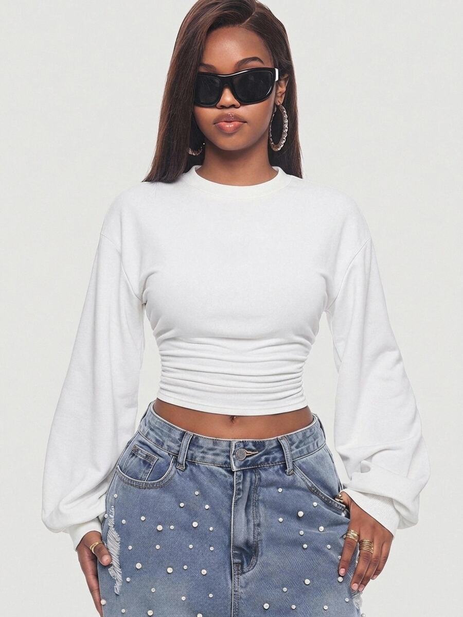 Vadaroq Women Fall/Winter Back To School Daily Wear Basic Solid Color Pleated Asymmetrical Neck Long Sleeve Pullover Sweatshirt Lantern Sleeve Top White Tops - White - View 1