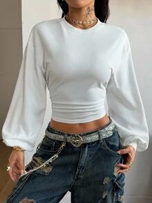 Vadaroq Women Fall/Winter Back To School Daily Wear Basic Solid Color Pleated Asymmetrical Neck Long Sleeve Pullover Sweatshirt Lantern Sleeve Top White Tops - White - View 2