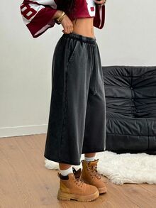 Coolane 女士夏季街头牛仔复古外出宽松水洗松紧腰带黑色短裤 - 黑色 - 查看 4