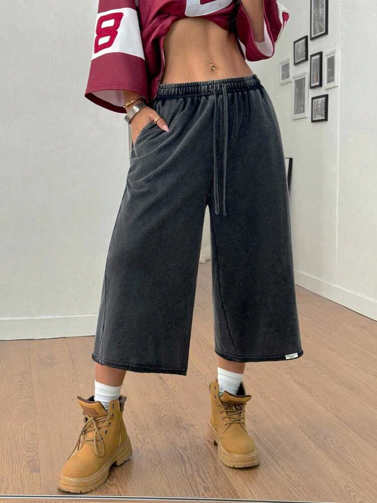Coolane 女士夏季街头牛仔复古外出宽松水洗松紧腰带黑色短裤 - 黑色 - 查看 3