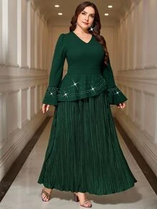 Reflora Plus Size Elegant Party Dates Formal Beaded Decor Dress Autumn Wedding Dark Green Saudi National Day - Green - View 6