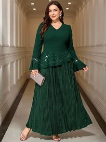 Reflora Plus Size Elegant Party Dates Formal Beaded Decor Dress Autumn Wedding Dark Green Saudi National Day - Green - View 5