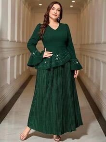 Reflora Plus Size Elegant Party Dates Formal Beaded Decor Dress Autumn Wedding Dark Green Saudi National Day - Green - View 4