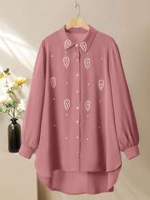 Lacomfia Women's Handmade Rhinestone Embellished Long Sleeve Shirt And Wide Leg Pants Set, Casual Comfortable Plus Size Fall - Baby Pink - View 4