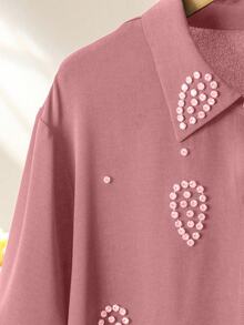 Lacomfia Women's Handmade Rhinestone Embellished Long Sleeve Shirt And Wide Leg Pants Set, Casual Comfortable Plus Size Fall - Baby Pink - View 7
