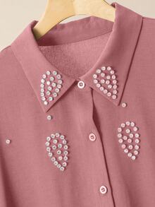 Lacomfia Women's Handmade Rhinestone Embellished Long Sleeve Shirt And Wide Leg Pants Set, Casual Comfortable Plus Size Fall - Baby Pink - View 8