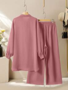 Lacomfia Women's Handmade Rhinestone Embellished Long Sleeve Shirt And Wide Leg Pants Set, Casual Comfortable Plus Size Fall - Baby Pink - View 2