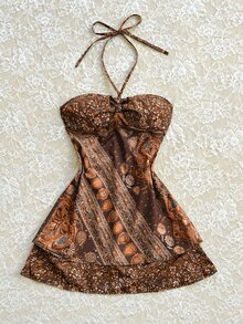 Elamini Vintage Sexy Strapless Mini Vacation Dress - Brown - View 5