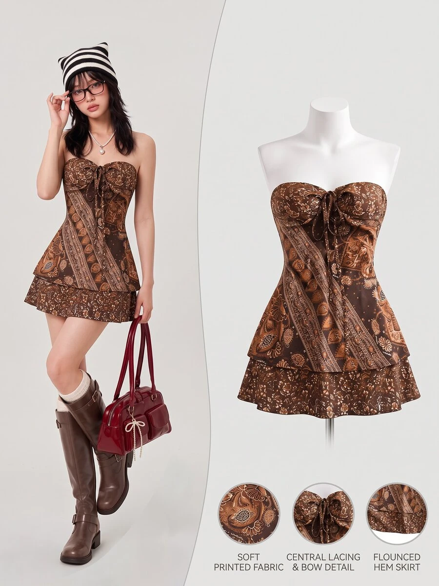 Elamini Vintage Sexy Strapless Mini Vacation Dress - Brown - View 1