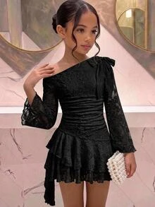 SHEIN Pitira 兒童青少年女孩派對穿著 秋冬新款甜美蕾絲不對稱肩不對稱下擺短洋裝，晚禮服，儀式禮服 - 黑色 - 查看 1