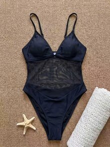 SHEIN Swim 1pc Women's Sexy Mesh Patchwork Adjustable Strap One-Piece Swimsuit, Slim Fit, Spring/Summer - Black - View 4