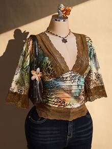 SHEIN ICON Plus Size Y2K Vintage Sexy Leopard Print V-Neck Lace Patchwork Flare Sleeve Top - Multicolor - View 6