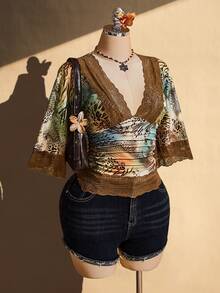 SHEIN ICON Plus Size Y2K Vintage Sexy Leopard Print V-Neck Lace Patchwork Flare Sleeve Top - Multicolor - View 7