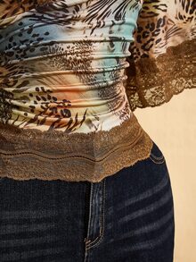 SHEIN ICON Plus Size Y2K Vintage Sexy Leopard Print V-Neck Lace Patchwork Flare Sleeve Top - Multicolor - View 11
