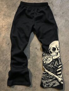 Manfinity Dauomo Men's American Dark Gothic Skull Hugging Cat Print Sweatpants, Elastic Waist Draped Casual Long Pants - Multicolor - View 1