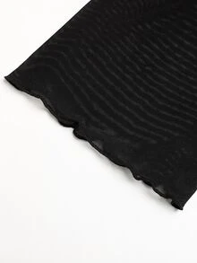 SHEIN 兒童青少年女孩不對稱領鹿角喇叭袖網紗抓皺大裙擺蕾絲飾邊拼接長洋裝，黑色復古優雅休閒學院風女童洋裝 - 黑色 - 查看 7