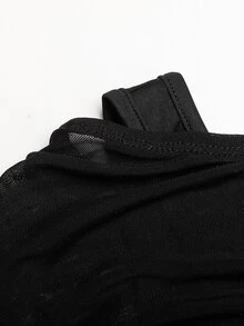 SHEIN 兒童青少年女孩不對稱領鹿角喇叭袖網紗抓皺大裙擺蕾絲飾邊拼接長洋裝，黑色復古優雅休閒學院風女童洋裝 - 黑色 - 查看 4