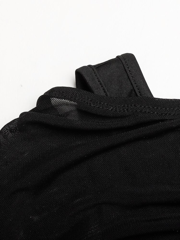 SHEIN Kids Teen Girl Asymmetric Neck Deer Horn Trumpet Sleeve Mesh Ruched Full Skirt Lace Trim Patchwork Long Dress Black Vintage Elegant Casual Preppy Children's Dress - Black - View 4