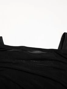 SHEIN 兒童青少年女孩不對稱領鹿角喇叭袖網紗抓皺大裙擺蕾絲飾邊拼接長洋裝，黑色復古優雅休閒學院風女童洋裝 - 黑色 - 查看 6