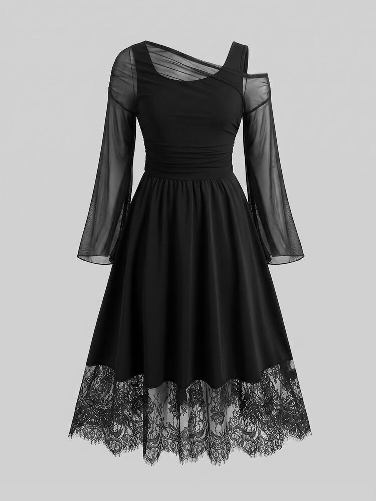 SHEIN Kids Teen Girl Asymmetric Neck Deer Horn Trumpet Sleeve Mesh Ruched Full Skirt Lace Trim Patchwork Long Dress Black Vintage Elegant Casual Preppy Children's Dress - Black - View 2