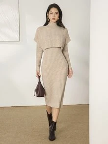 Feyla Mock Neck Drop Shoulder Sweater Dress - Khaki - View 8
