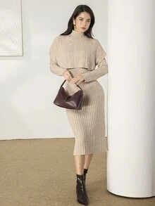 Feyla Mock Neck Drop Shoulder Sweater Dress - Khaki - View 5