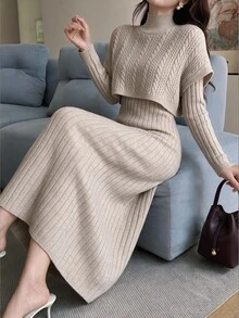 Feyla Mock Neck Drop Shoulder Sweater Dress - Khaki - View 3