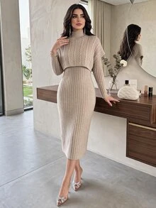 Feyla Mock Neck Drop Shoulder Sweater Dress - Khaki - View 2