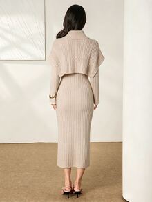Feyla Mock Neck Drop Shoulder Sweater Dress - Khaki - View 6