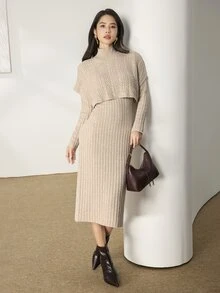 Feyla Mock Neck Drop Shoulder Sweater Dress - Khaki - View 7