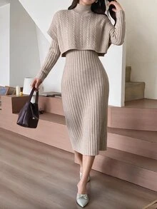 Feyla Mock Neck Drop Shoulder Sweater Dress - Khaki - View 4