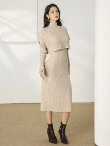 Feyla Mock Neck Drop Shoulder Sweater Dress - Khaki - View 9