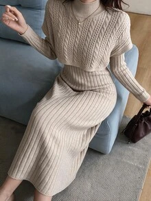 Feyla Mock Neck Drop Shoulder Sweater Dress - Khaki - View 1