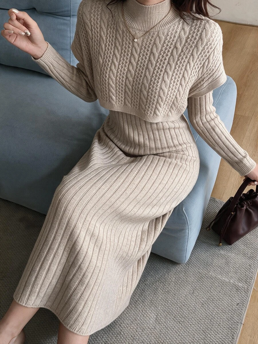Feyla Mock Neck Drop Shoulder Sweater Dress - Khaki - View 1