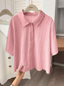 Lacomfia Women's Textured Jacquard Collared Short Sleeve Minimalist Versatile Plus Size T-Shirt - Pink - View 7