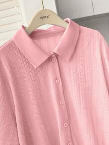 Lacomfia Women's Textured Jacquard Collared Short Sleeve Minimalist Versatile Plus Size T-Shirt - Pink - View 4