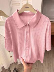 Lacomfia Women's Textured Jacquard Collared Short Sleeve Minimalist Versatile Plus Size T-Shirt - Pink - View 6