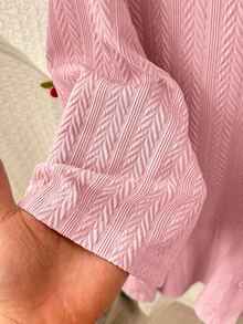 Lacomfia Women's Textured Jacquard Collared Short Sleeve Minimalist Versatile Plus Size T-Shirt - Pink - View 8