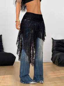 Coolane Women's Fashion Lace Asymmetrical Hem Skirt Boho - Black - View 4