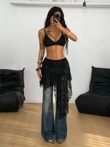Coolane Women's Fashion Lace Asymmetrical Hem Skirt Boho - Black - View 6